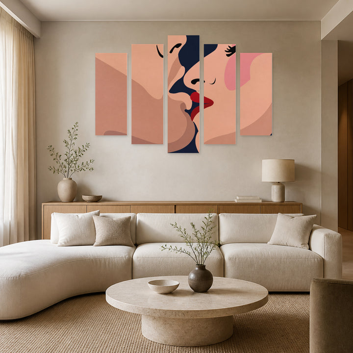 A Kiss with Geometric Rhythm — five-panel wall art in alternate frontal interior | 5wallart 55186 M4
