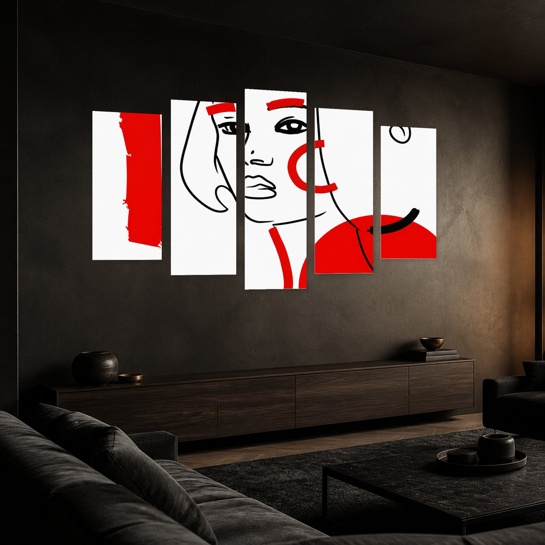 Abstraction with a Woman with Geometric Rhythm — five-panel wall art in perspective interior | 5wallart 55187 M2
