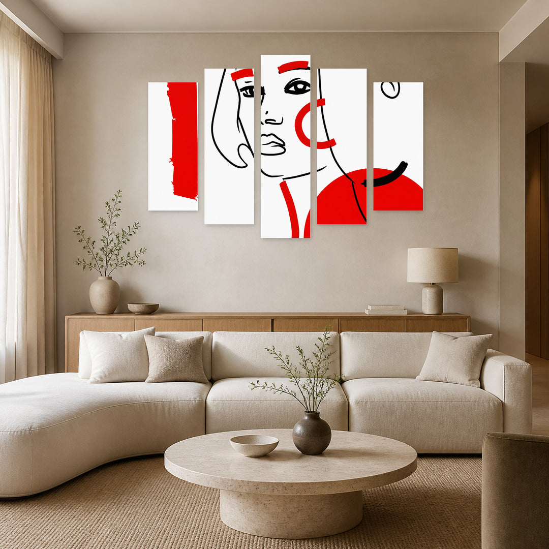 Abstraction with a Woman with Geometric Rhythm — five-panel wall art in frontal interior | 5wallart 55187 M3
