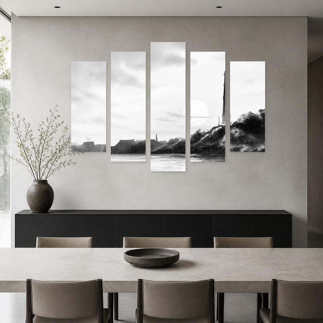 Black and White Seascape in Serene Light — five-panel wall art in frontal interior | 5wallart 55188 M3