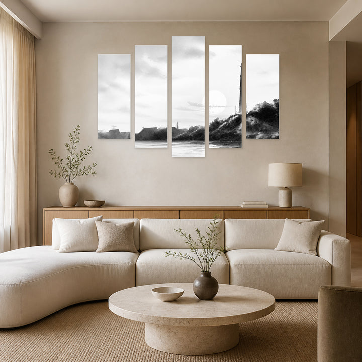 Black and White Seascape in Serene Light — five-panel wall art in alternate frontal interior | 5wallart 55188 M4