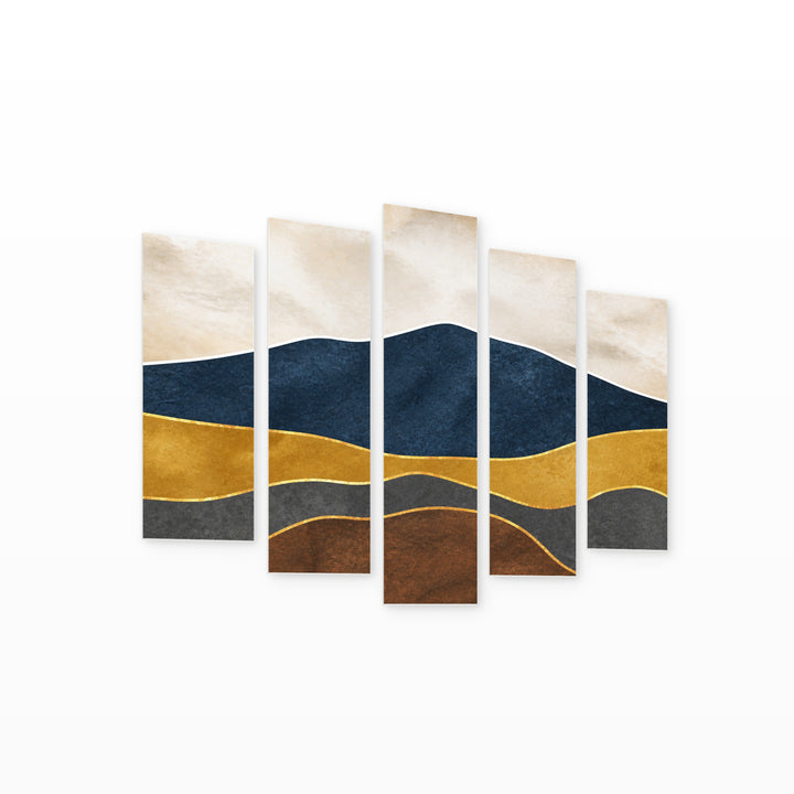 Abstract Mountain Landscape with Geometric Rhythm — five-panel wall art on white background in perspective | 5wallart 55189 M1