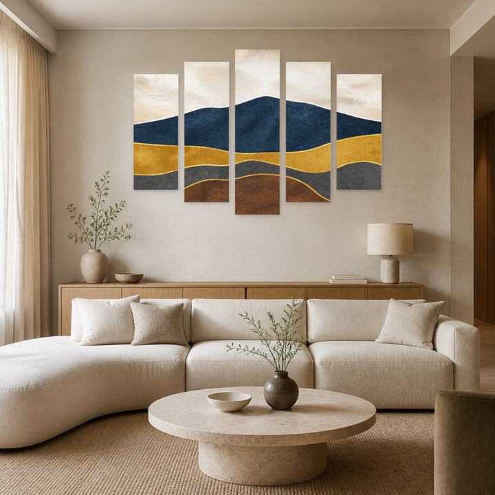 Abstract Mountain Landscape with Geometric Rhythm — five-panel wall art in frontal interior | 5wallart 55189 M3
