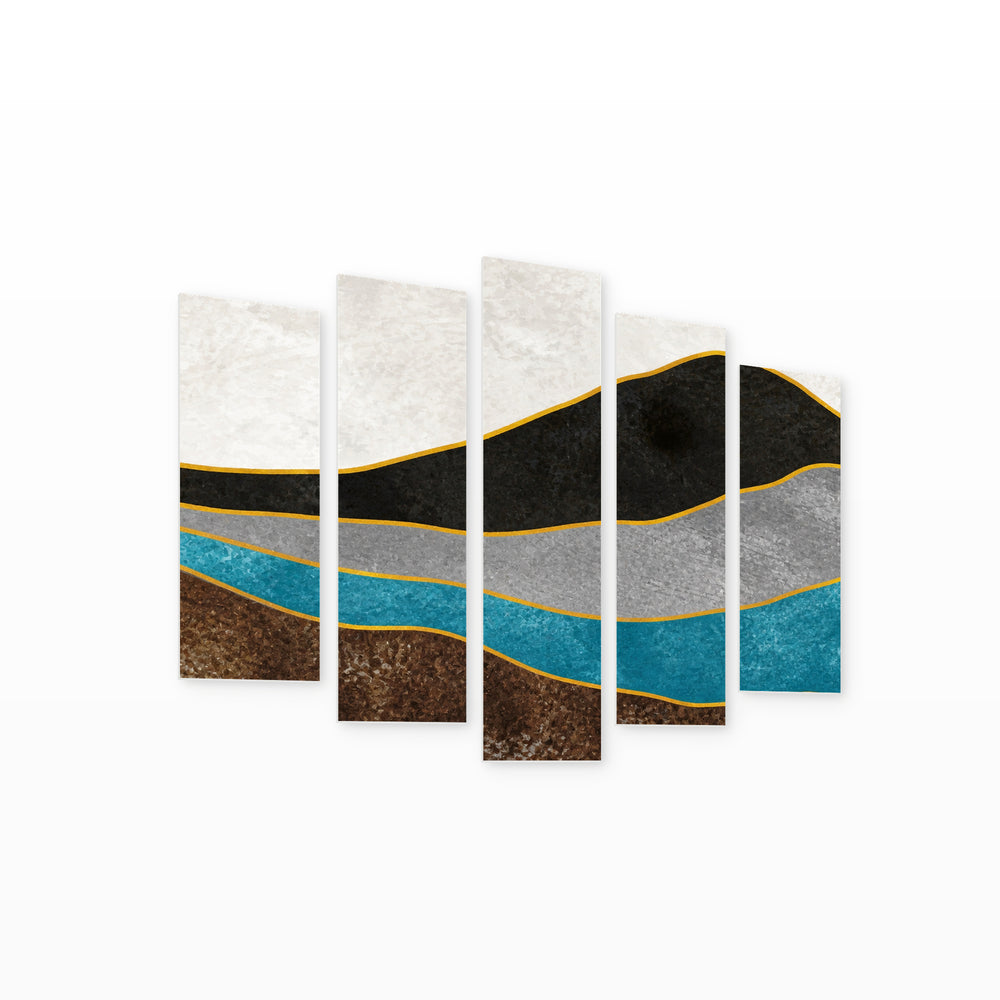 Abstract Layered Landscape with Geometric Rhythm — five-panel wall art on white background in perspective | 5wallart 55190 M1