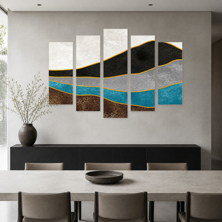 Abstract Layered Landscape with Geometric Rhythm — five-panel wall art in frontal interior | 5wallart 55190 M3