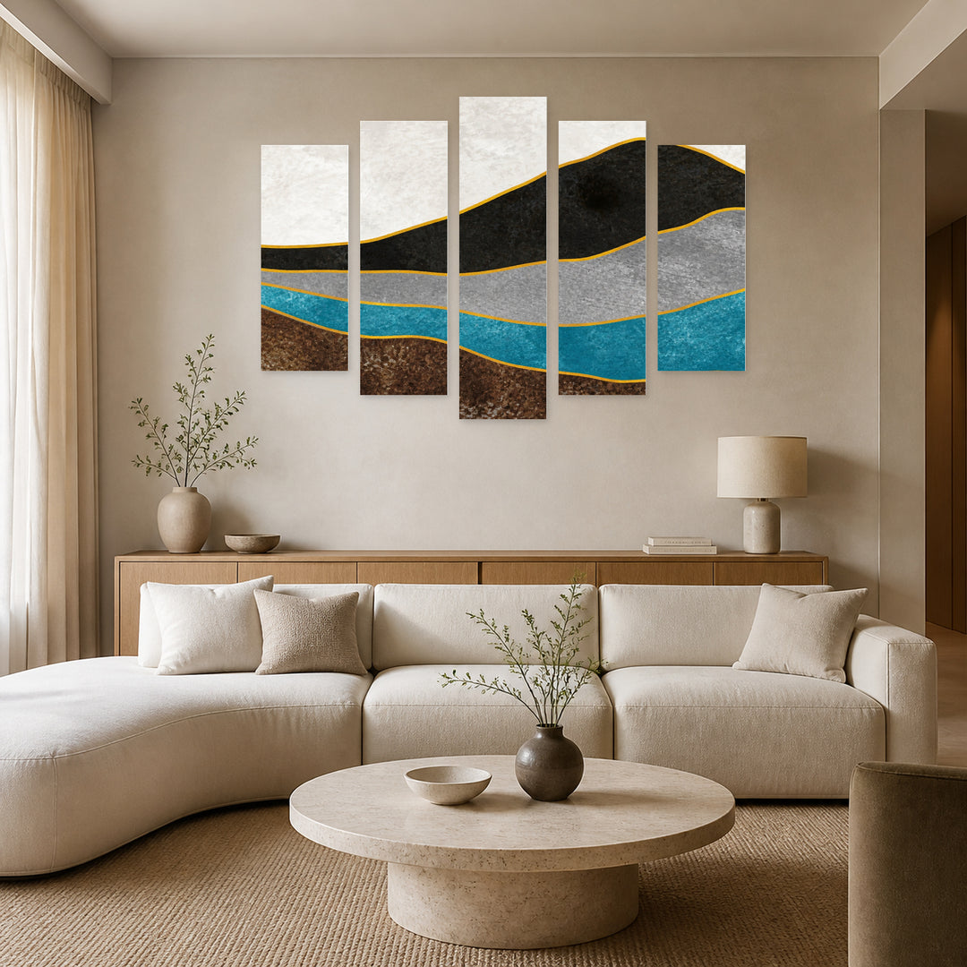 Abstract Layered Landscape with Geometric Rhythm — five-panel wall art in alternate frontal interior | 5wallart 55190 M4