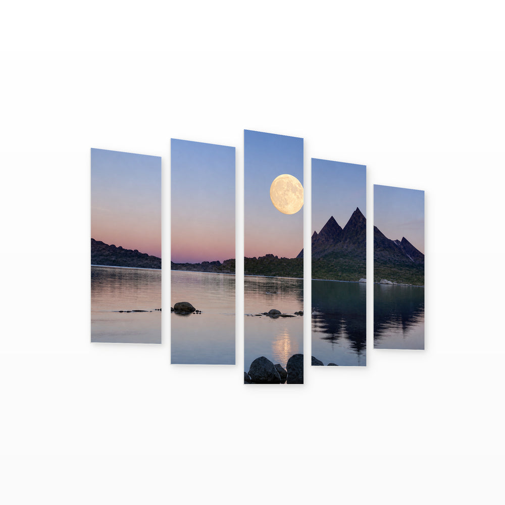 Seascape with Moon in Serene Light — five-panel wall art on white background in perspective | 5wallart 55192 M1