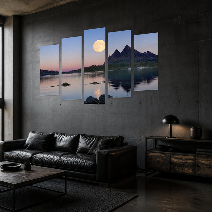 Seascape with Moon in Serene Light — five-panel wall art in perspective interior | 5wallart 55192 M2