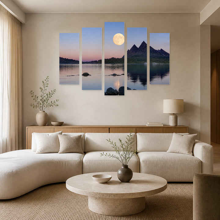 Seascape with Moon in Serene Light — five-panel wall art in alternate frontal interior | 5wallart 55192 M4