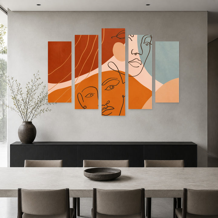 Abstract Faces on a Background Modern Composition — five-panel wall art in frontal interior | 5wallart 55194 M3