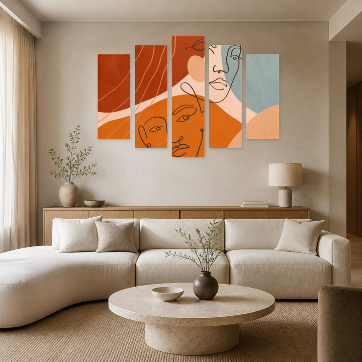 Abstract Faces on a Background Modern Composition — five-panel wall art in alternate frontal interior | 5wallart 55194 M4