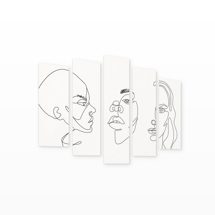 Abstract Faces in Continuous Line in Serene Light — five-panel wall art on white background in perspective | 5wallart 55195 M1
