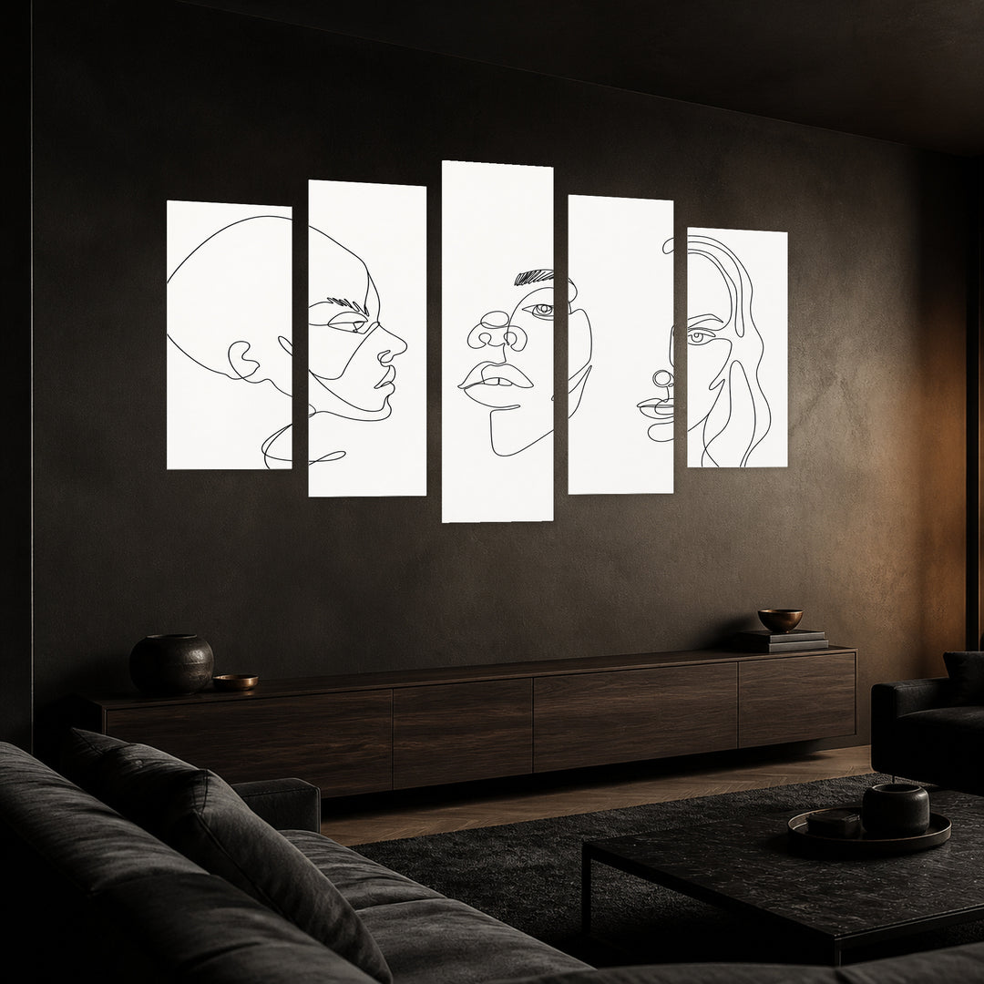 Abstract Faces in Continuous Line in Serene Light — five-panel wall art in perspective interior | 5wallart 55195 M2