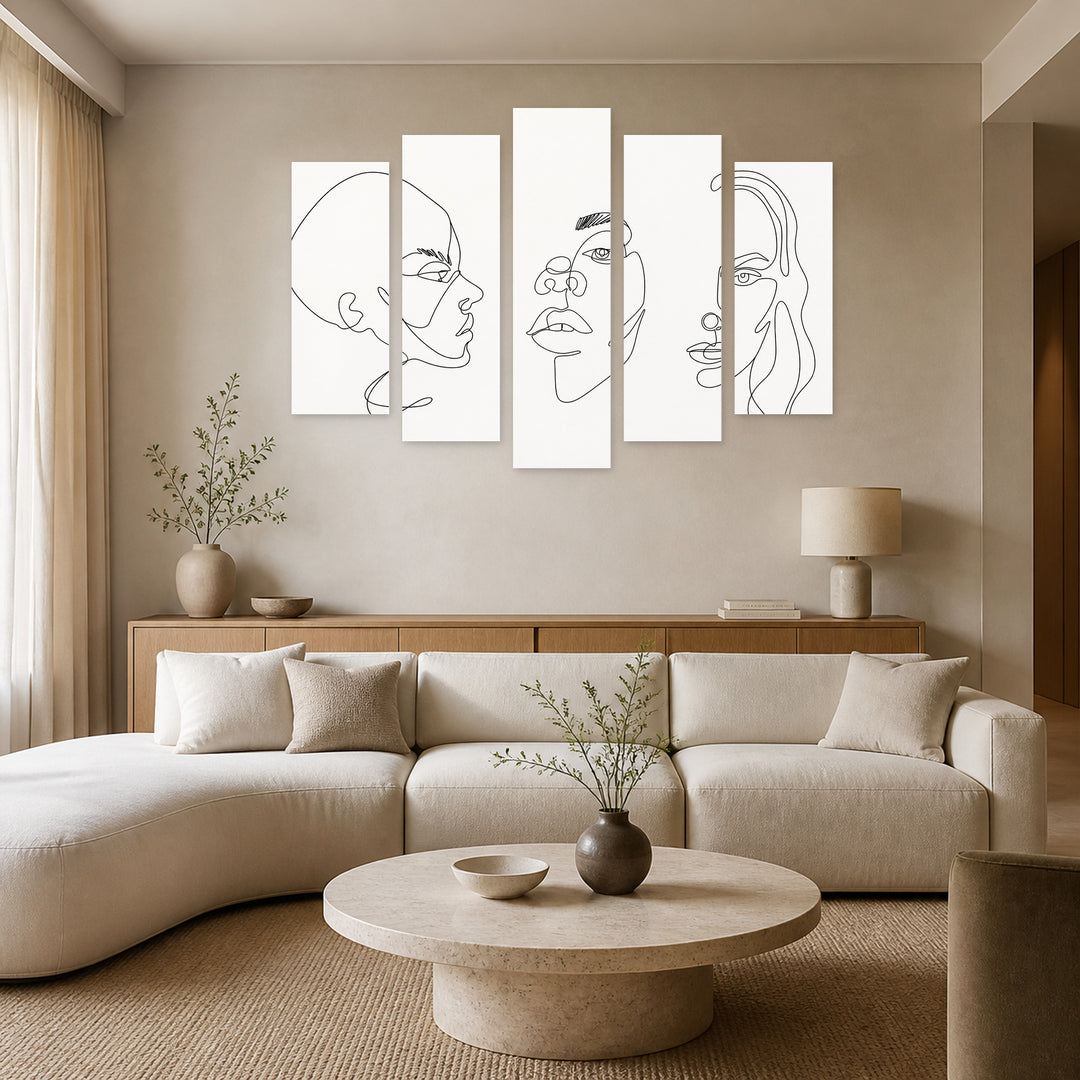 Abstract Faces in Continuous Line in Serene Light — five-panel wall art in frontal interior | 5wallart 55195 M3