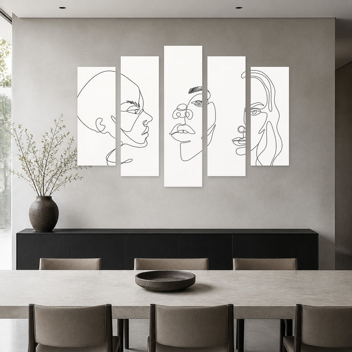 Abstract Faces in Continuous Line in Serene Light — five-panel wall art in alternate frontal interior | 5wallart 55195 M4