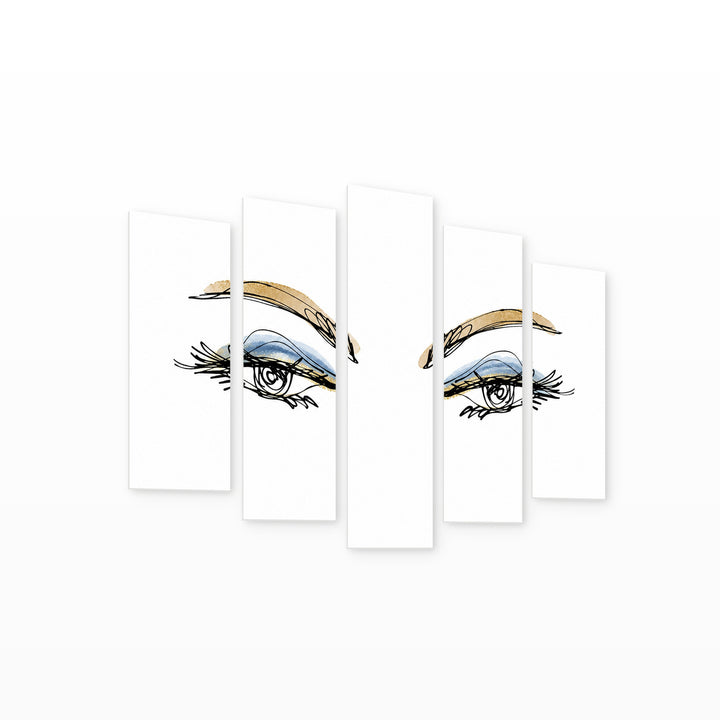 Stylized Eyes in Blue and Gold — five-panel wall art on white background in perspective | 5wallart 55196 M1