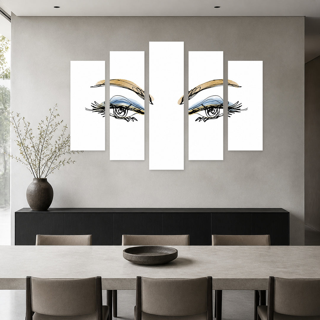 Stylized Eyes in Blue and Gold — five-panel wall art in frontal interior | 5wallart 55196 M3