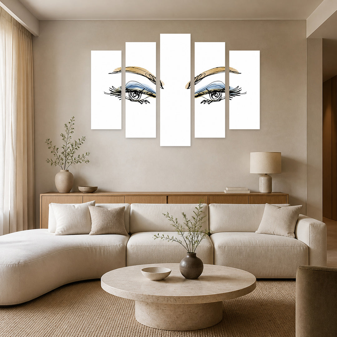 Stylized Eyes in Blue and Gold — five-panel wall art in alternate frontal interior | 5wallart 55196 M4