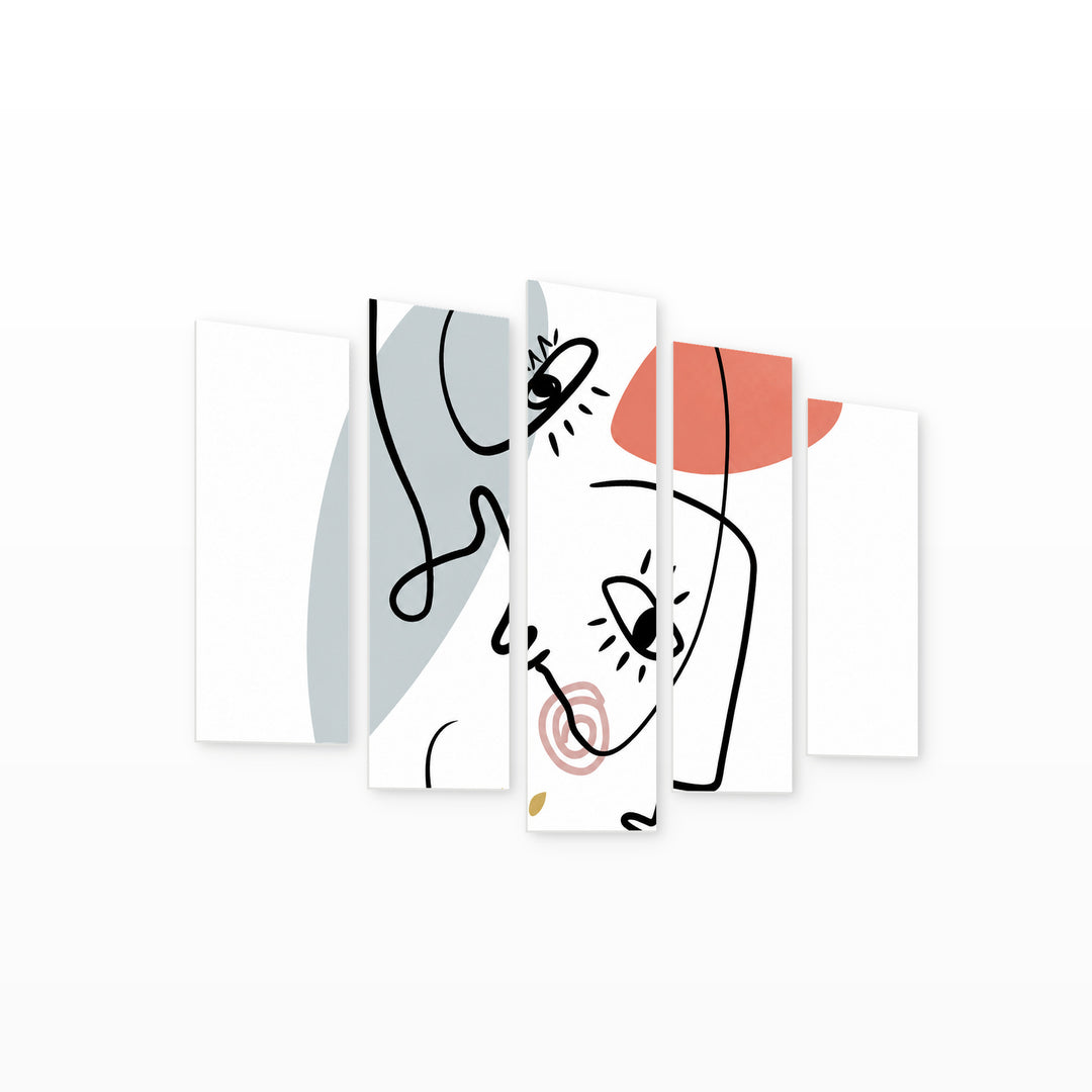 Faces in Continuous Line Modern Composition — five-panel wall art on white background in perspective | 5wallart 55197 M1