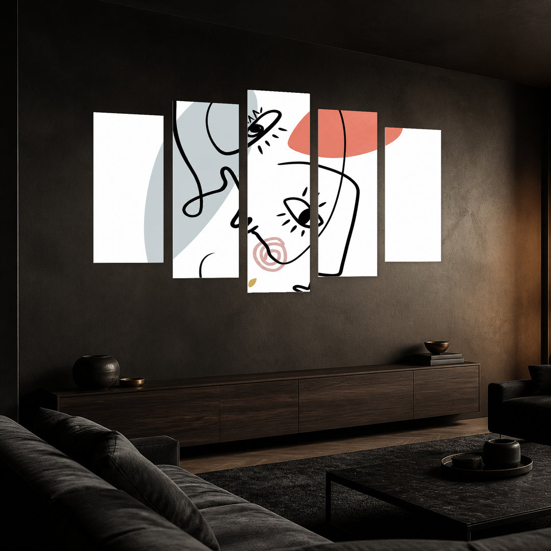 Faces in Continuous Line Modern Composition — five-panel wall art in perspective interior | 5wallart 55197 M2