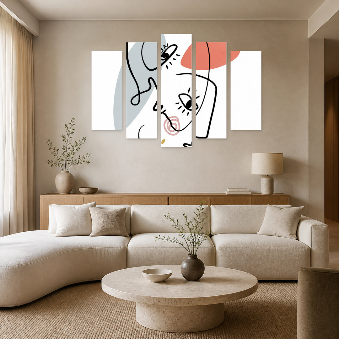 Faces in Continuous Line Modern Composition — five-panel wall art in frontal interior | 5wallart 55197 M3