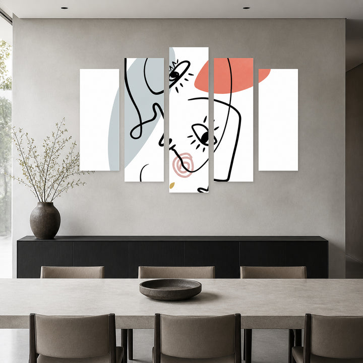 Faces in Continuous Line Modern Composition — five-panel wall art in alternate frontal interior | 5wallart 55197 M4