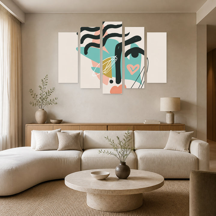 Face Made of Abstract Shapes with Geometric Rhythm — five-panel wall art in alternate frontal interior | 5wallart 55198 M4