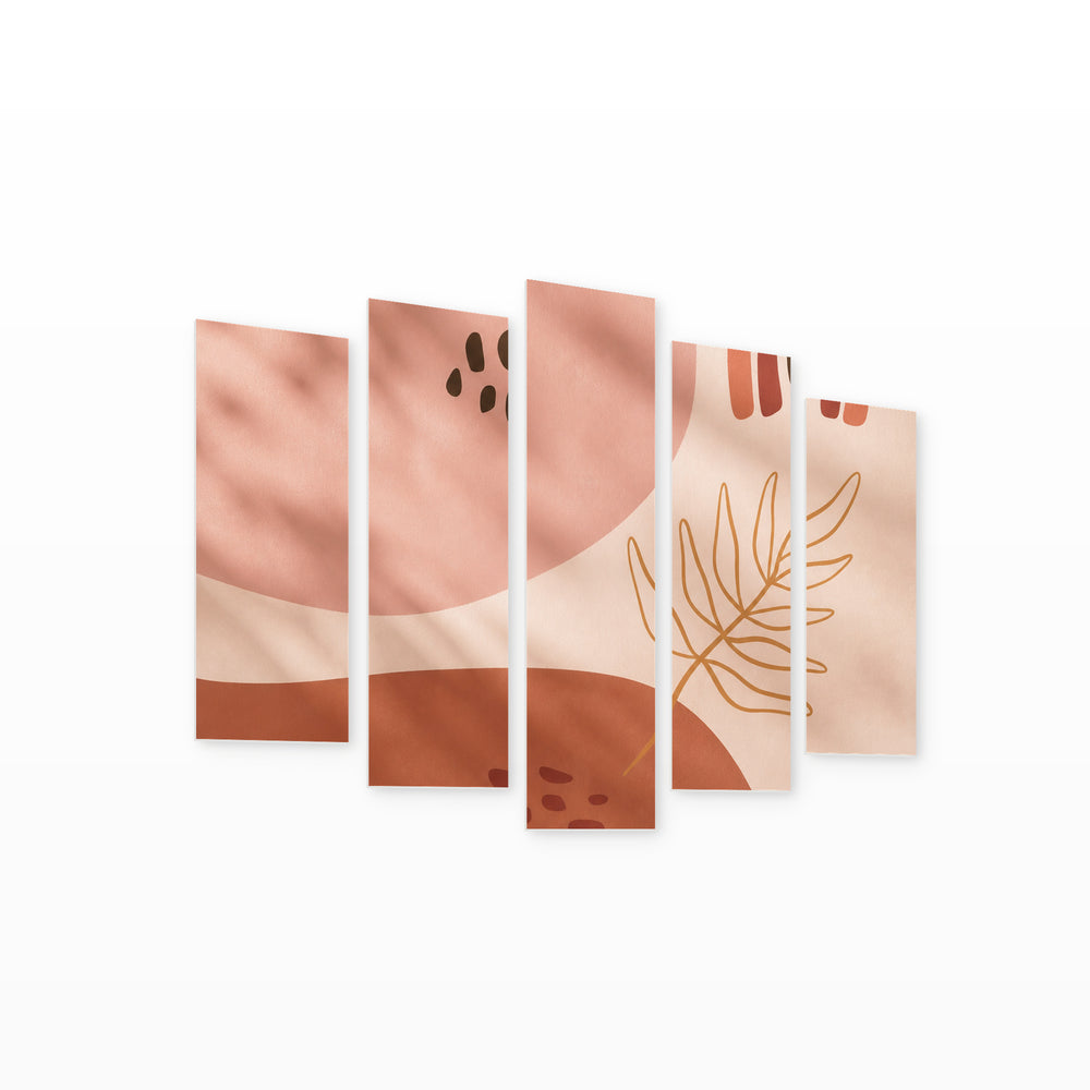 Minimalist Abstraction with Leaves in Serene Light — five-panel wall art on white background in perspective | 5wallart 55199 M1
