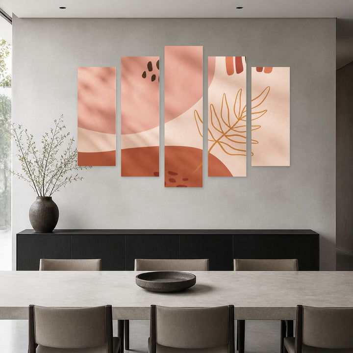 Minimalist Abstraction with Leaves in Serene Light — five-panel wall art in alternate frontal interior | 5wallart 55199 M4