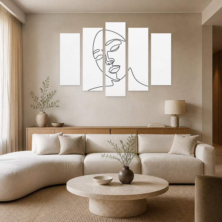 Abstract Face with Geometric Rhythm — five-panel wall art in alternate frontal interior | 5wallart 55202 M4