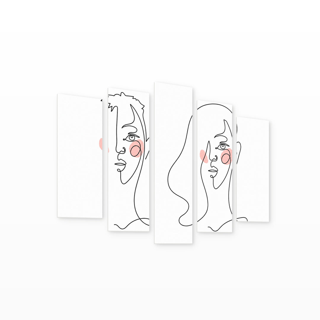 Abstract Male and Female Portrait with Geometric Rhythm — five-panel wall art on white background in perspective | 5wallart 55203 M1