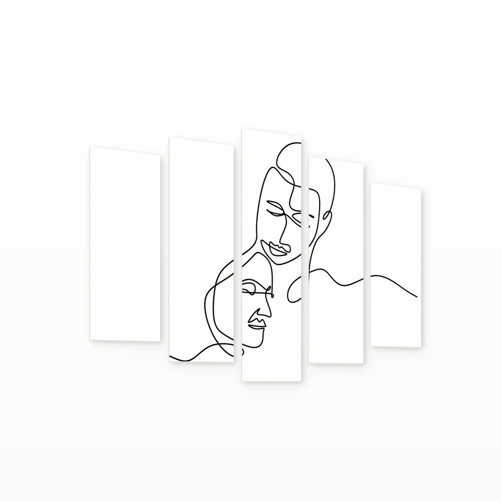 Continuous Line Portrait Modern Composition — five-panel wall art on white background in perspective | 5wallart 55204 M1