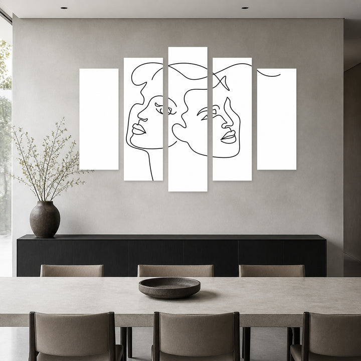 Loving Abstract Faces with Geometric Rhythm — five-panel wall art in alternate frontal interior | 5wallart 55205 M4