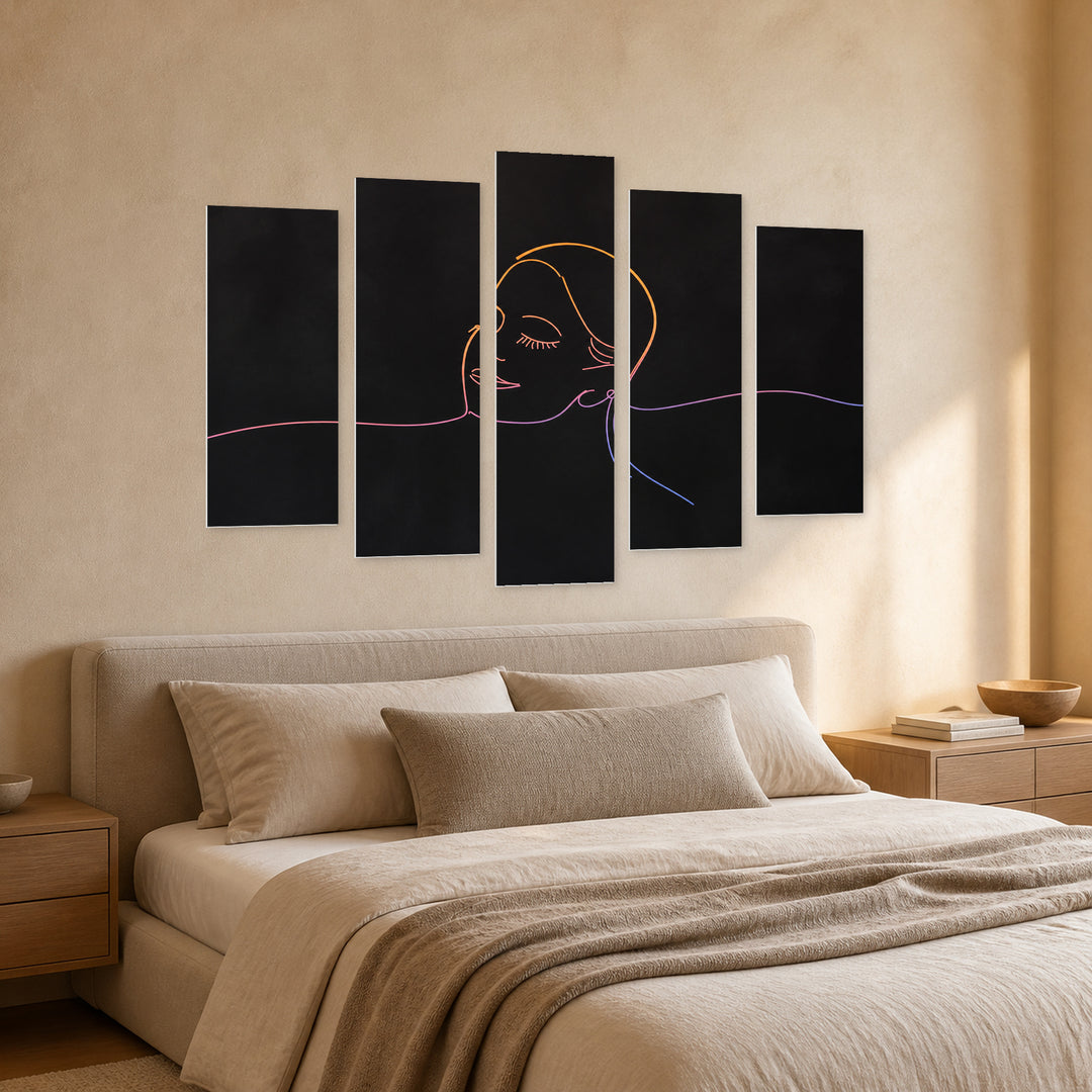 Abstract Drawing of a Face in Vivid Color — five-panel wall art in perspective interior | 5wallart 55207 M2