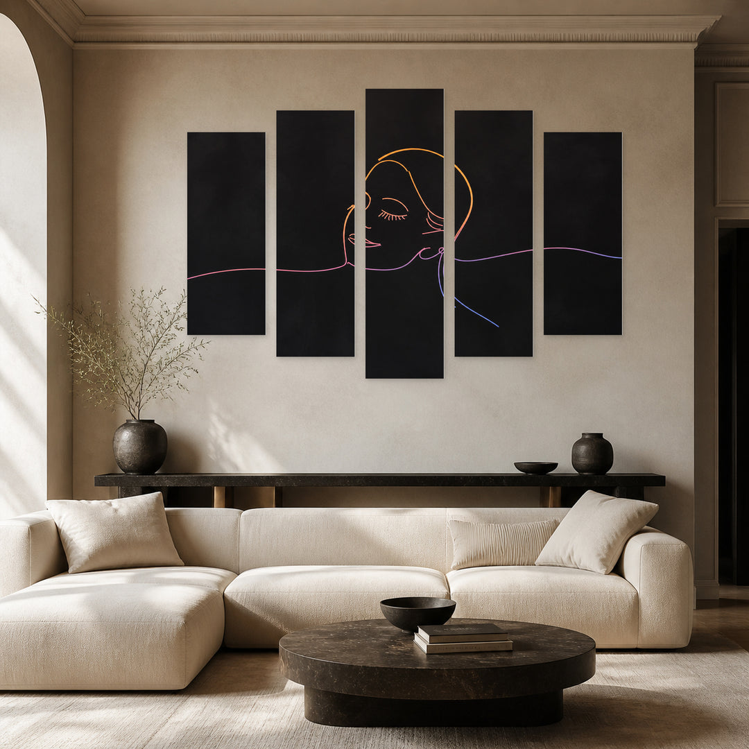 Abstract Drawing of a Face in Vivid Color — five-panel wall art in frontal interior | 5wallart 55207 M3