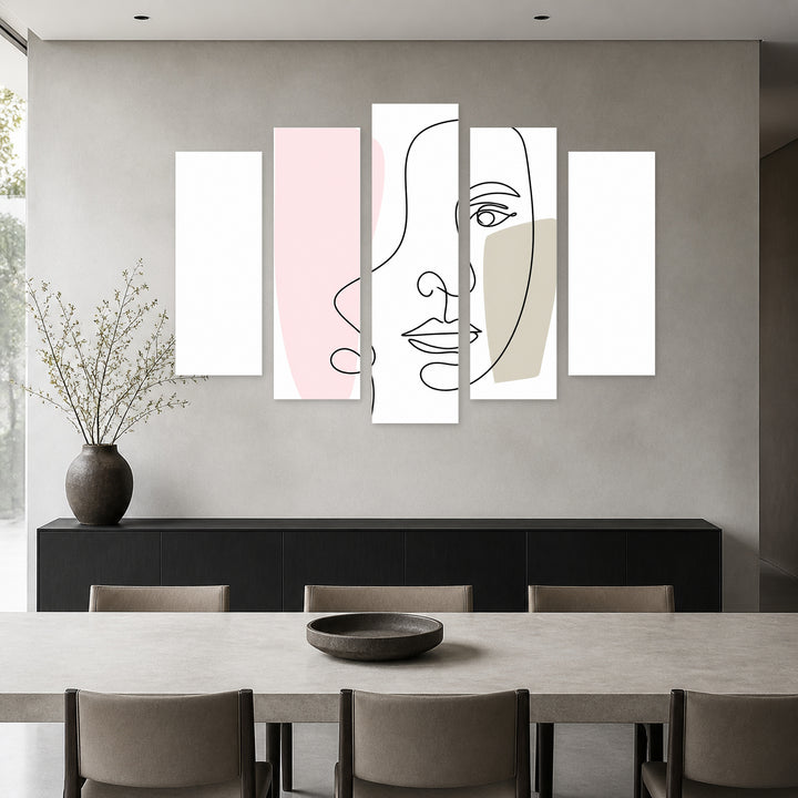 A Female Face with Dreamlike Atmosphere — five-panel wall art in frontal interior | 5wallart 55208 M3