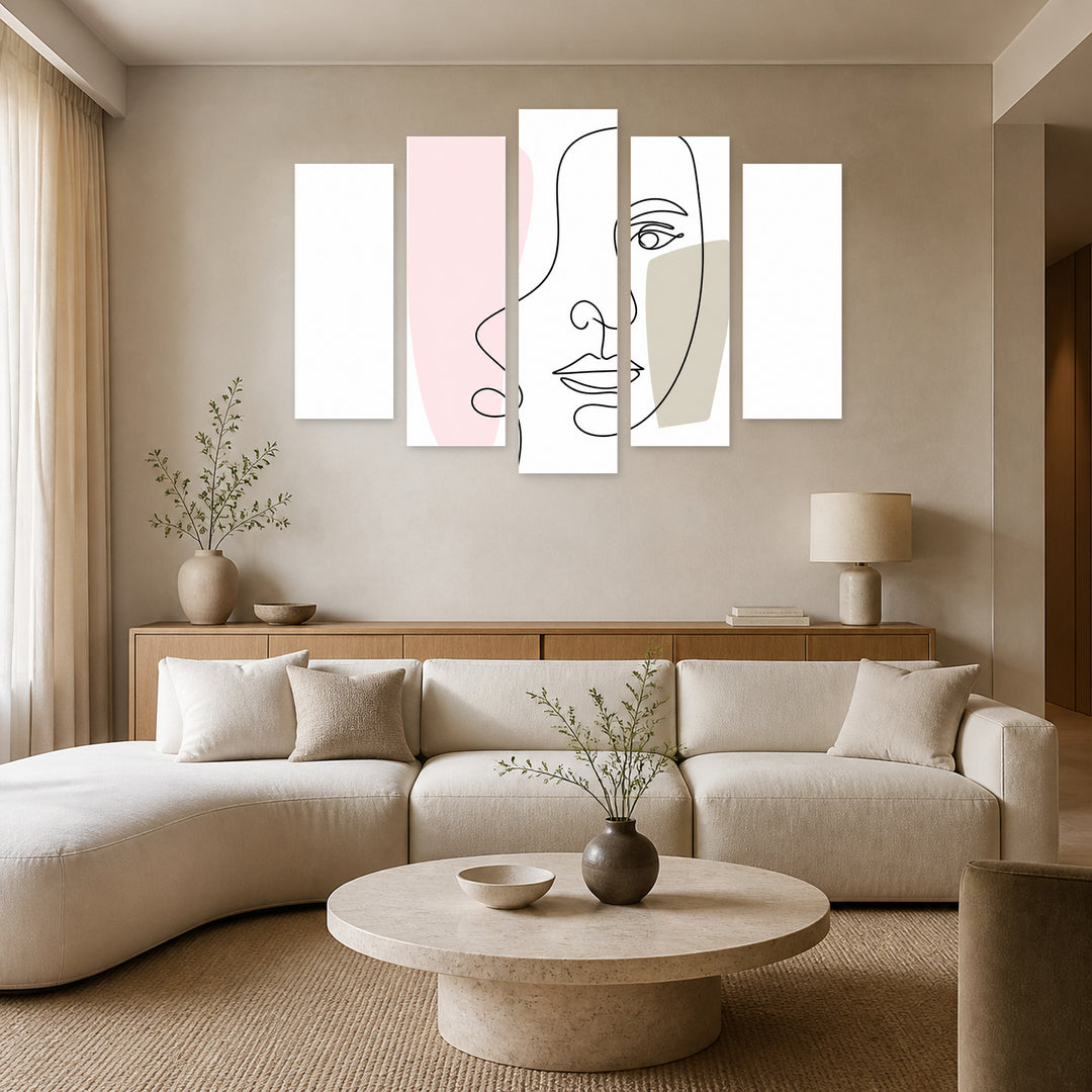 A Female Face with Dreamlike Atmosphere — five-panel wall art in alternate frontal interior | 5wallart 55208 M4