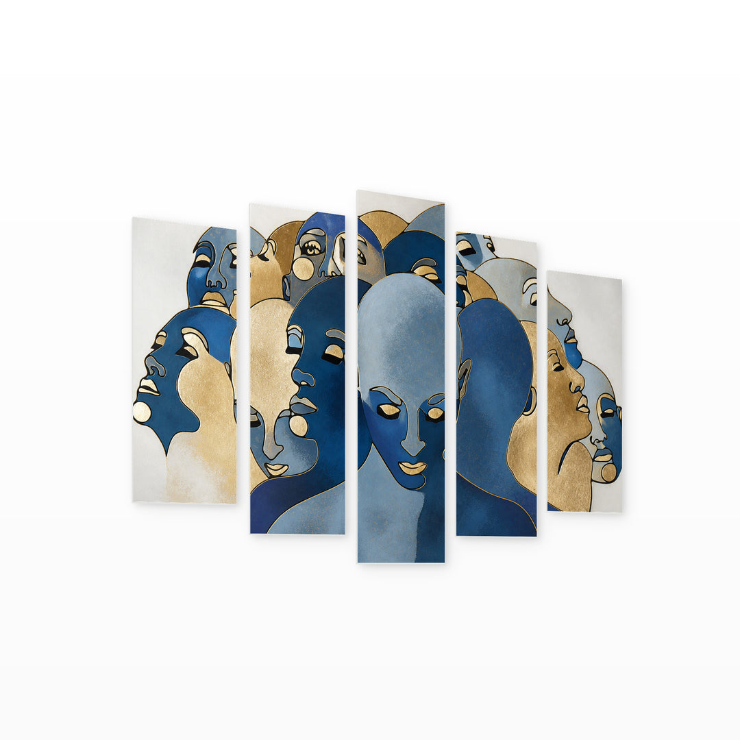 Abstract Illustration of People in Blue and Gold — five-panel wall art on white background in perspective | 5wallart 55210 M1