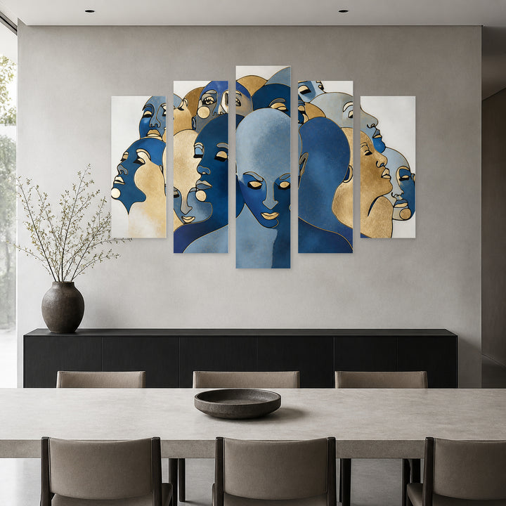 Abstract Illustration of People in Blue and Gold — five-panel wall art in frontal interior | 5wallart 55210 M3