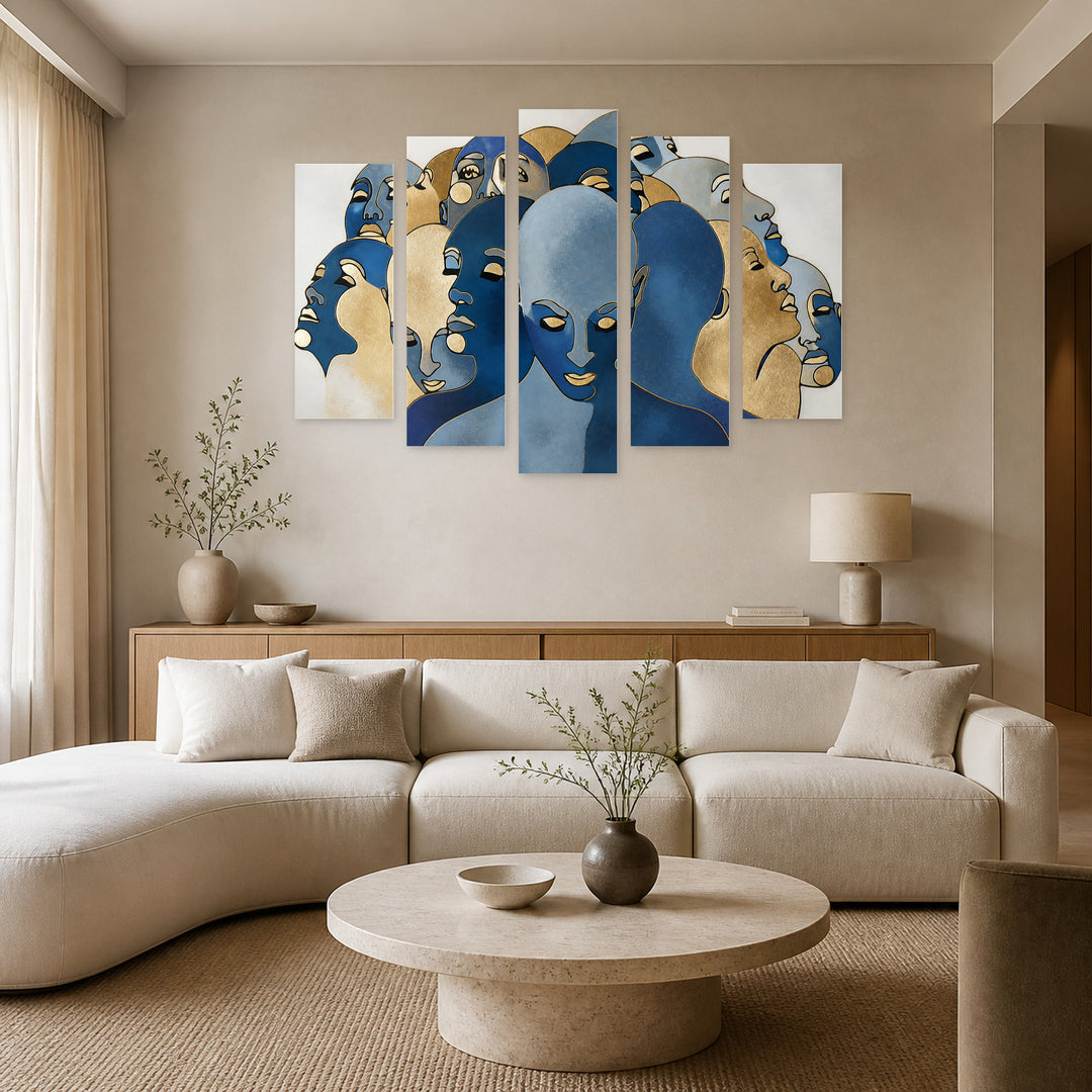 Abstract Illustration of People in Blue and Gold — five-panel wall art in alternate frontal interior | 5wallart 55210 M4