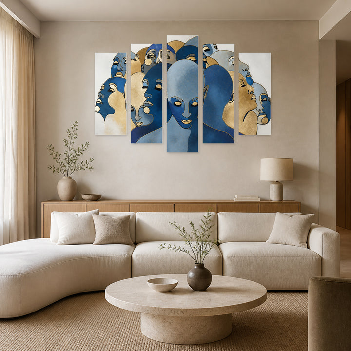 Abstract Illustration of People in Blue and Gold — five-panel wall art in alternate frontal interior | 5wallart 55210 M4