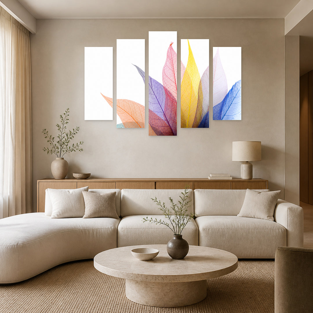 Colorful Leaves with Dramatic Contrast — five-panel wall art in frontal interior | 5wallart 55211 M3