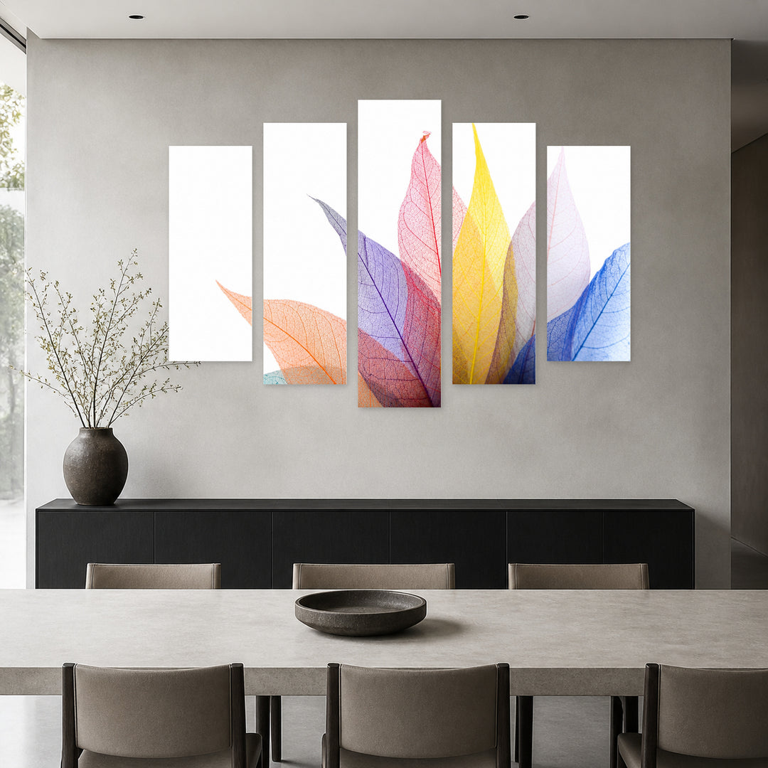 Colorful Leaves with Dramatic Contrast — five-panel wall art in alternate frontal interior | 5wallart 55211 M4