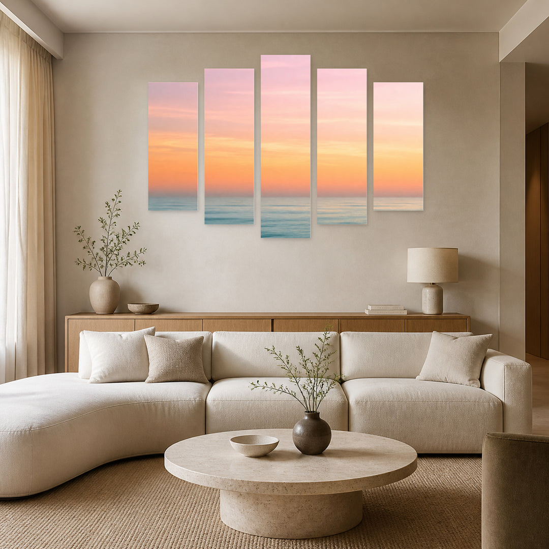 Abstract Sunrise Modern Composition — five-panel wall art in alternate frontal interior | 5wallart 55212 M4