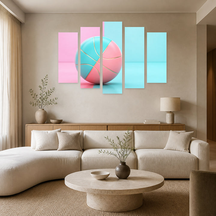 Basketball in Pink and Blue with Geometric Rhythm — five-panel wall art in frontal interior | 5wallart 55213 M3