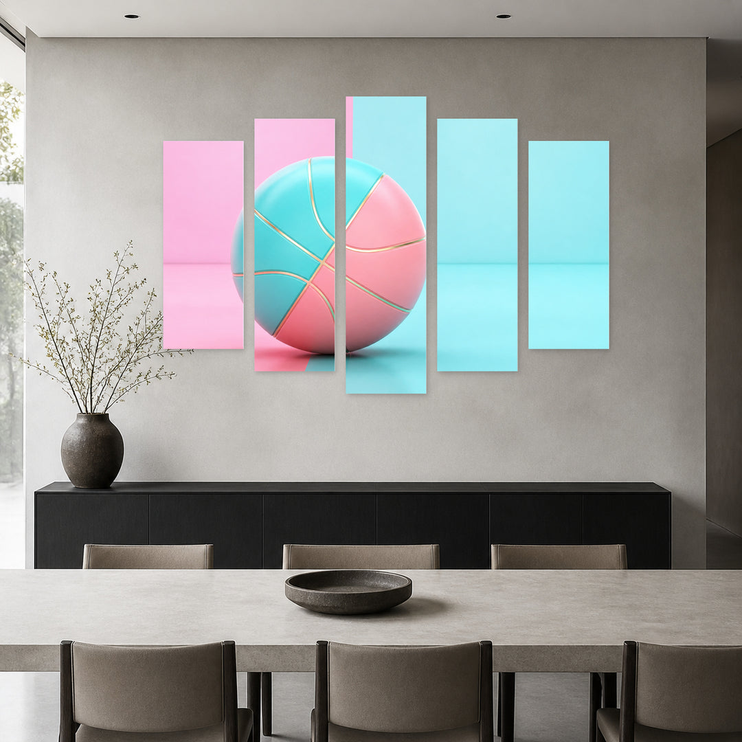 Basketball in Pink and Blue with Geometric Rhythm — five-panel wall art in alternate frontal interior | 5wallart 55213 M4