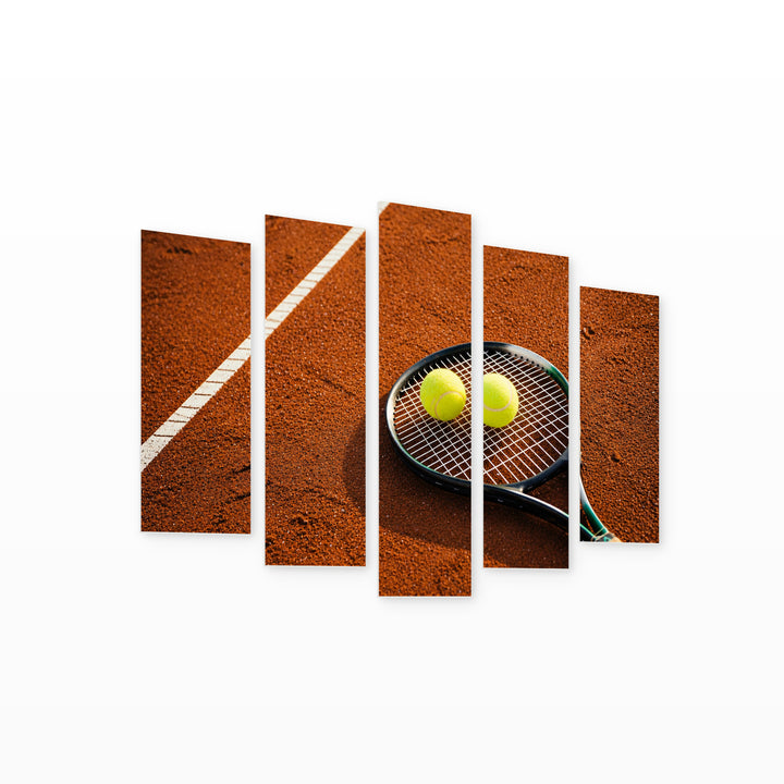 Tennis Racket with Balls in Vivid Color — five-panel wall art on white background in perspective | 5wallart 55214 M1