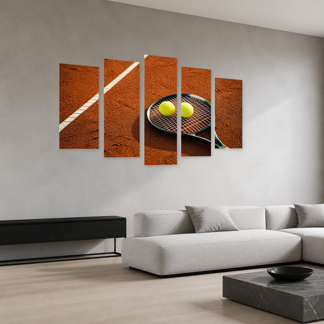 Tennis Racket with Balls in Vivid Color — five-panel wall art in perspective interior | 5wallart 55214 M2