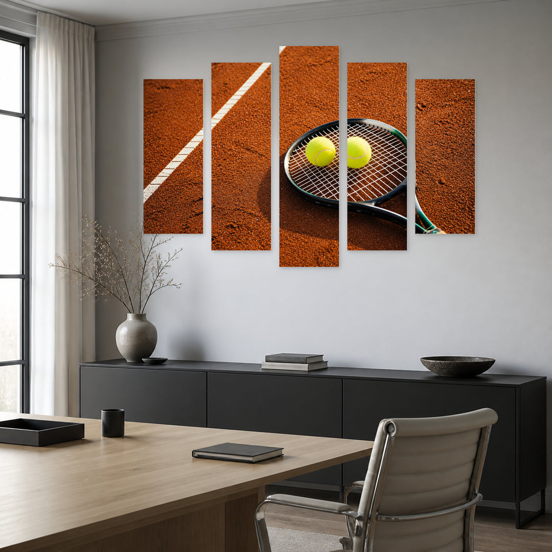Tennis Racket with Balls in Vivid Color — five-panel wall art in frontal interior | 5wallart 55214 M3