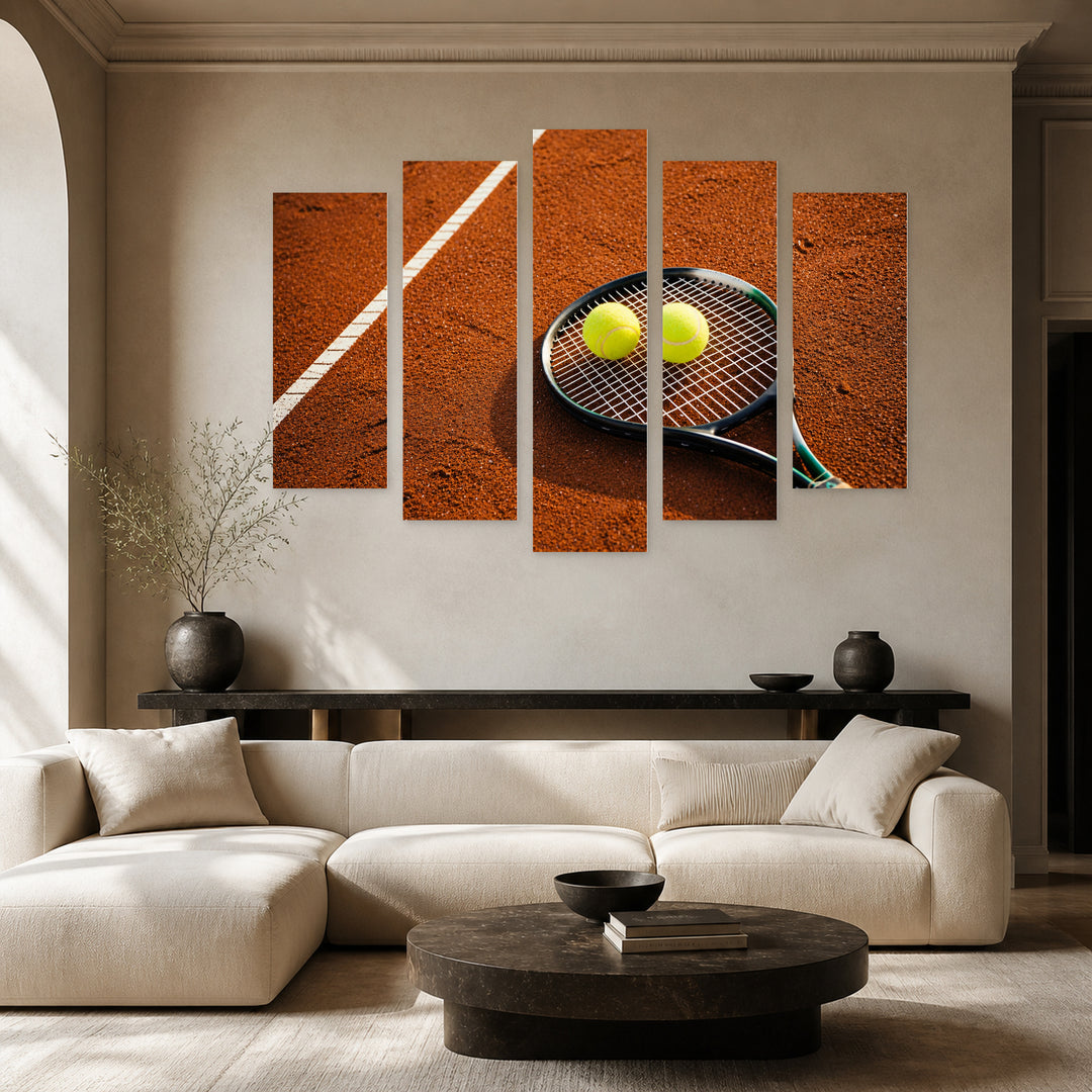 Tennis Racket with Balls in Vivid Color — five-panel wall art in alternate frontal interior | 5wallart 55214 M4